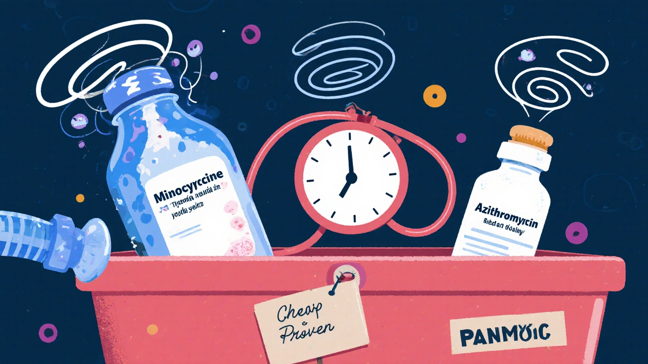 A medical toolbox with labeled antibiotic tools, including a quirky minocycline, efficient azithromycin, and humble Panmycin.