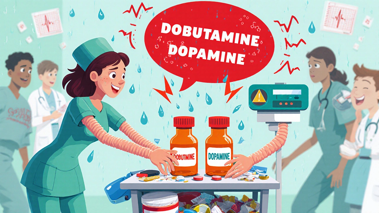 A nurse reaches for two similar medication bottles as a giant red warning bubble pops above them in a busy hospital.