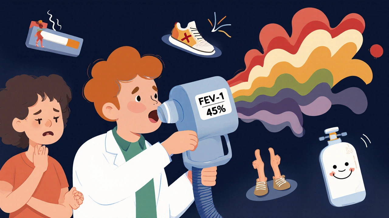 A patient blowing into a giant spirometer with floating icons representing COPD symptoms and treatments, in rubber hose animation style.