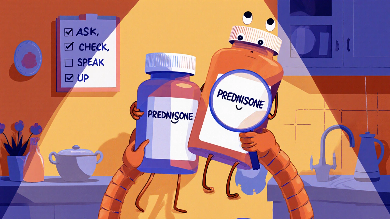 A patient holds two pill bottles with googly eyes, one labeled PREDNISONE and the other PREDNISOLONE, while a magnifying glass inspects them.