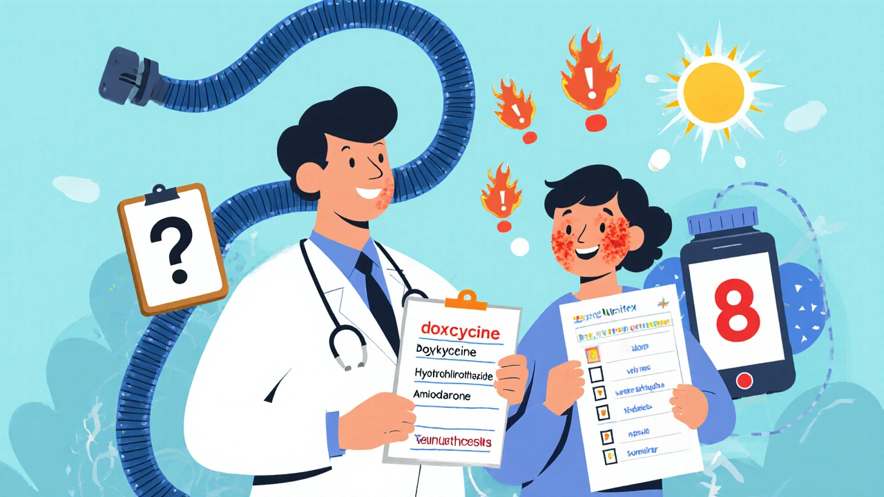 A patient shows medications to a doctor while a UV index app glows red and a new protective pill sparkles.