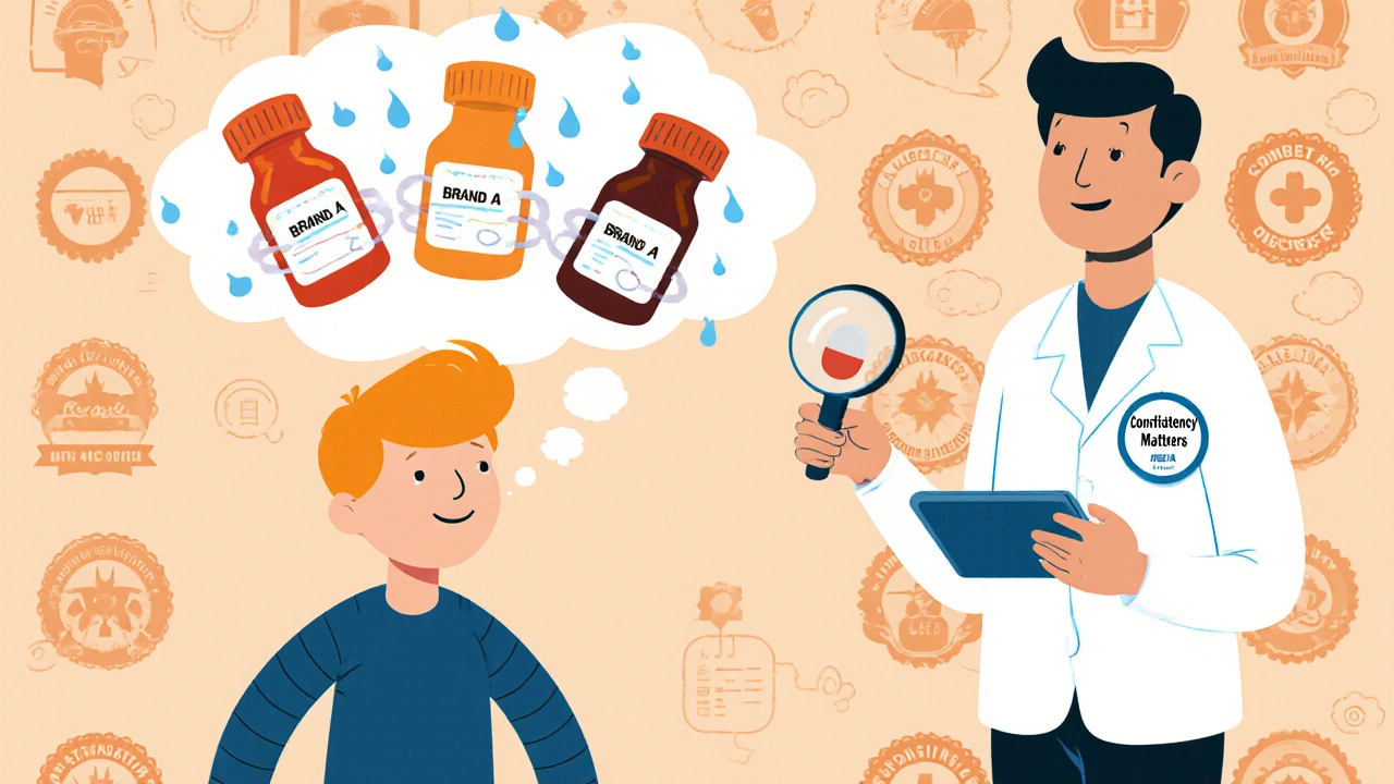 A patient stares at spinning generic pill bottles while headaches float around, as a pharmacist holds up a stable pill.