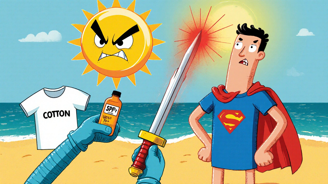 A person being attacked by a UVA ray while wearing different shirts, one protecting and one failing.