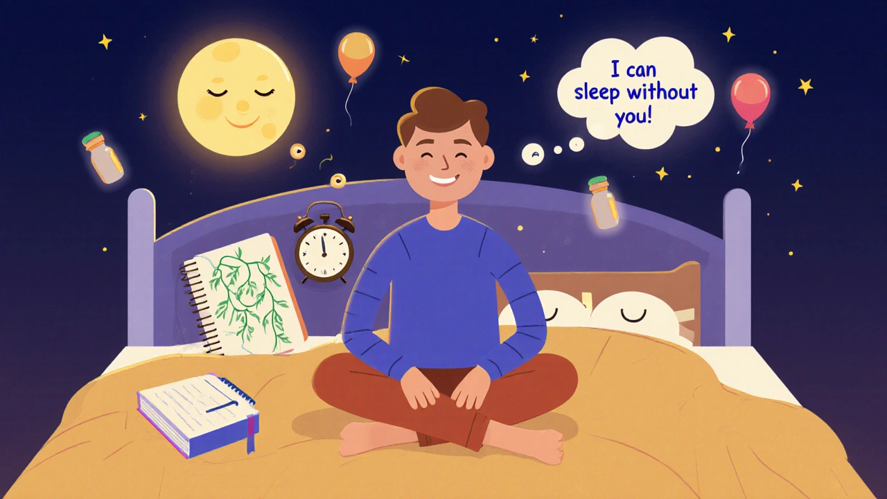 A person peacefully meditating in bed surrounded by calming CBT-I symbols, while pill bottles fade away, in rubber hose cartoon style.
