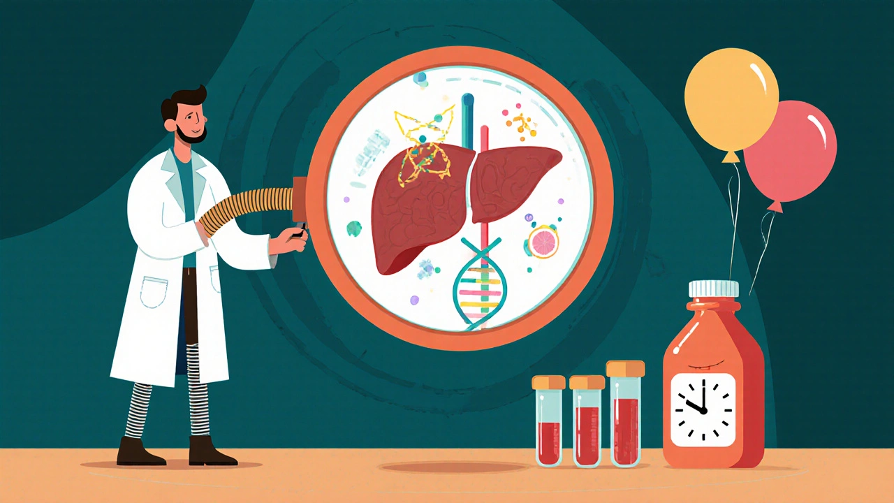 A pharmacist uses a magnifying glass to see drug molecules and DNA inside a patient’s body, with floating blood tests and a sneaky grapefruit.