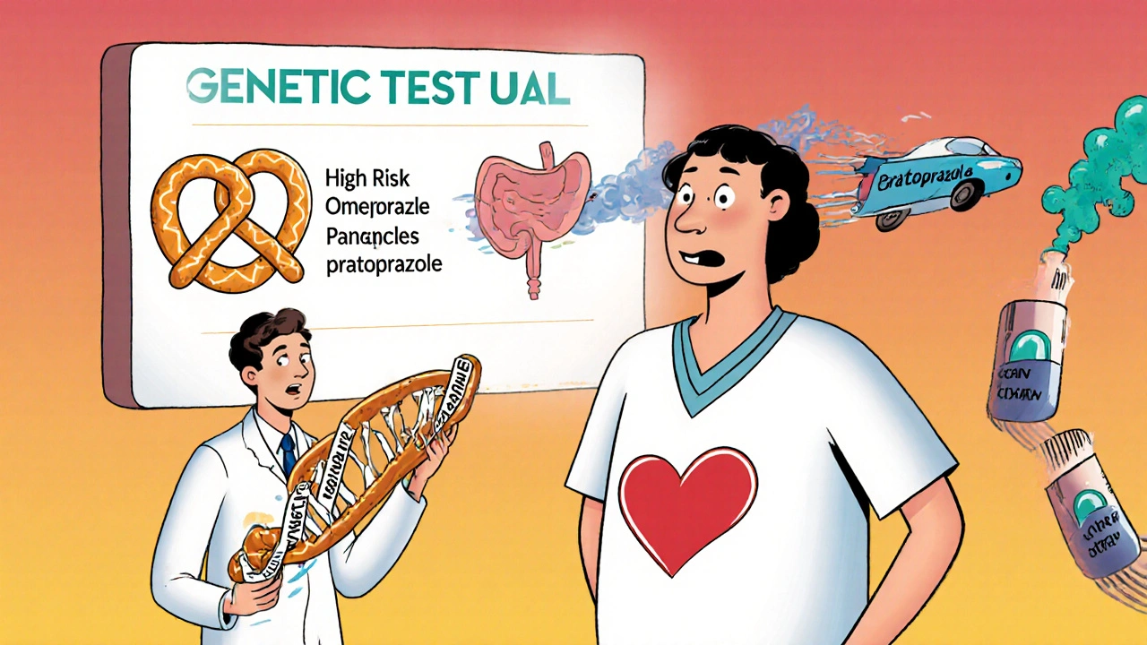 A scientist testing DNA with a twisted pretzel strand, showing high risk for omeprazole and safe for pantoprazole.