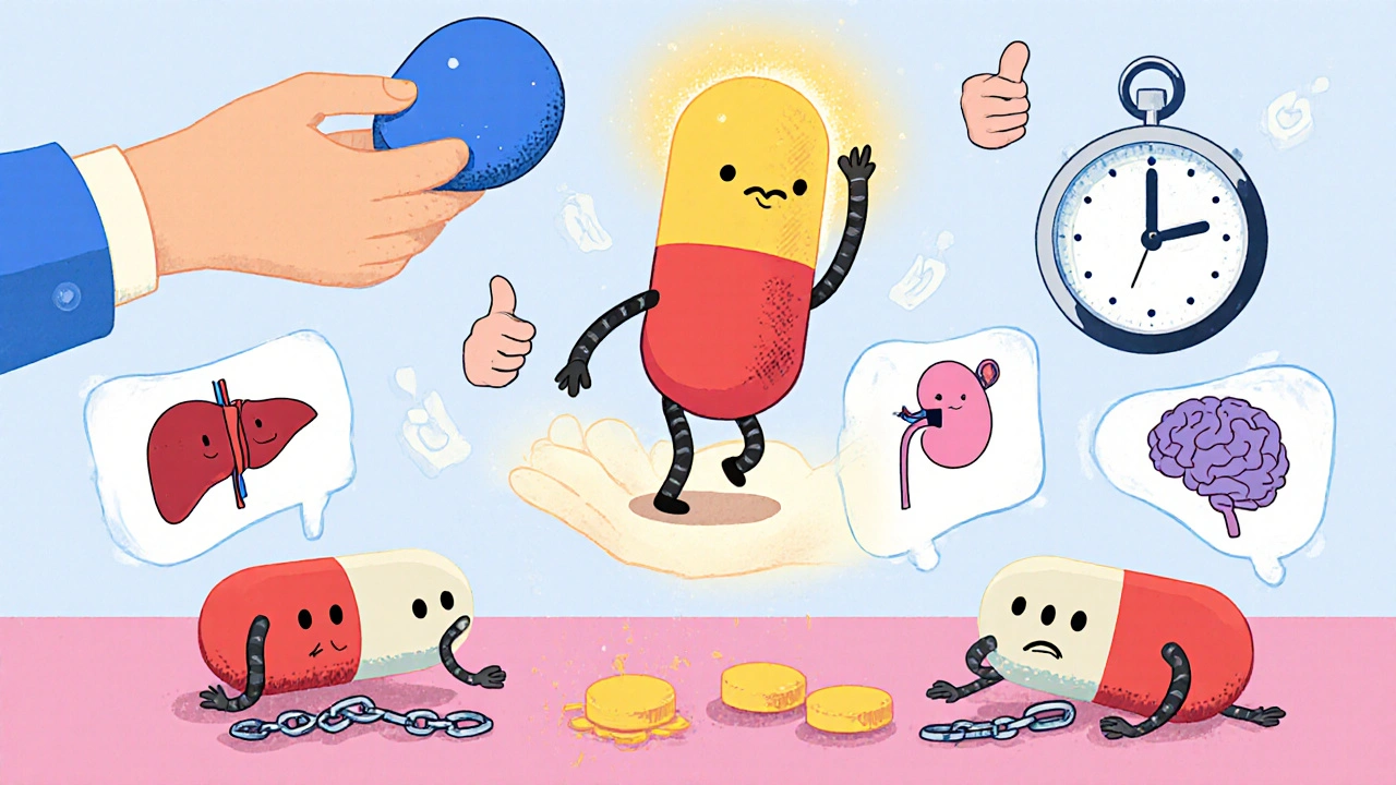 A single polypill leaping into a hand while four separate pills lie defeated on the floor with frowny faces.