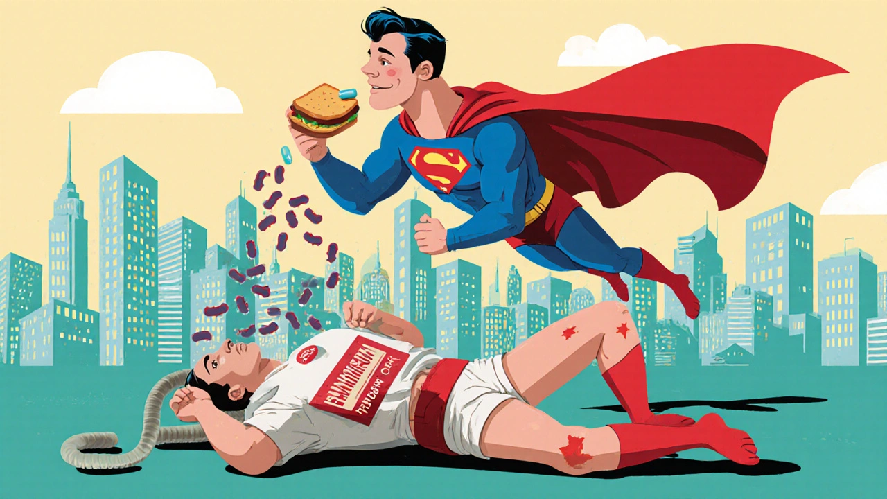 A superhero doxycycline pill flying over a city, defeating bacteria while eating food, unlike the outdated Panmycin below.