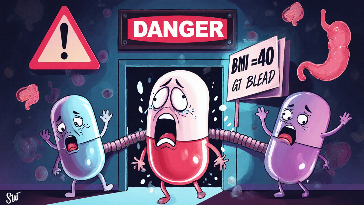 Dabigatran pill being rejected from hospital door labeled BMI 40+, with warning signs and scared expressions.