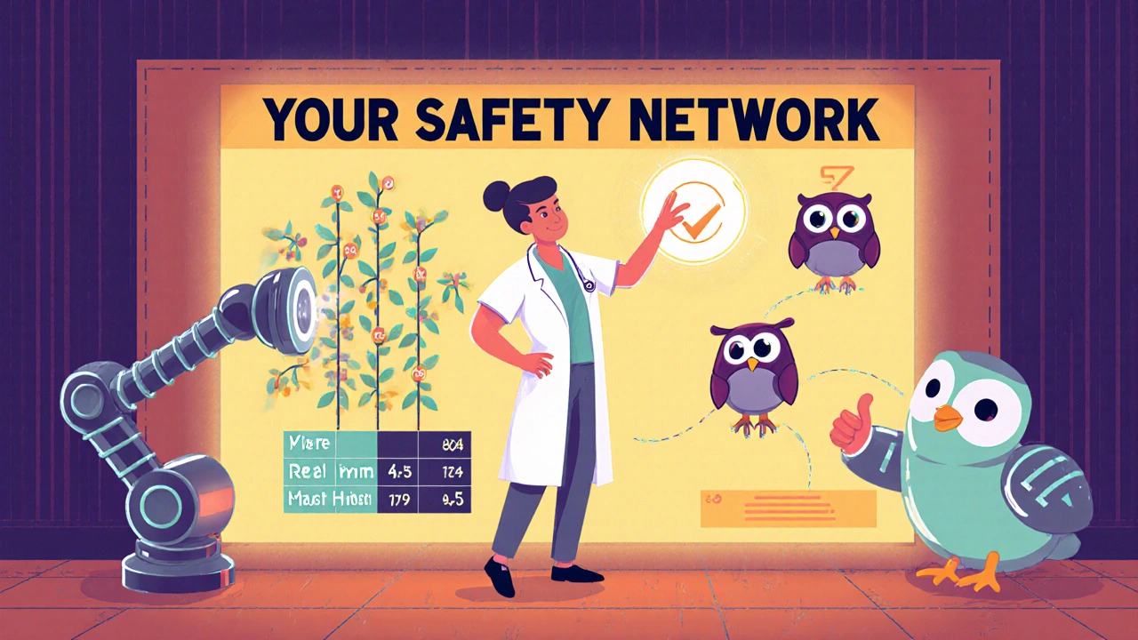 Patient interacting with a glowing lot number on a safety network wall, triggering blockchain and AI responses.