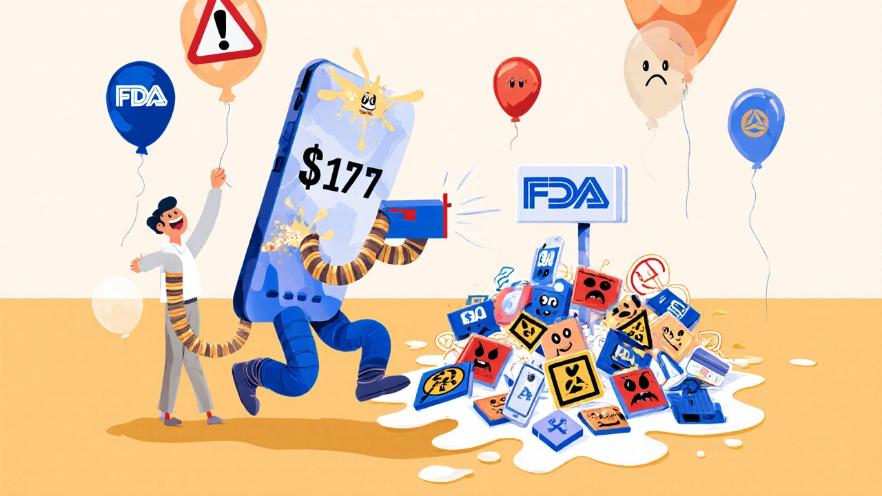 Patient sending a lot number to an FDA mailbox as recalled devices melt into safety symbols.