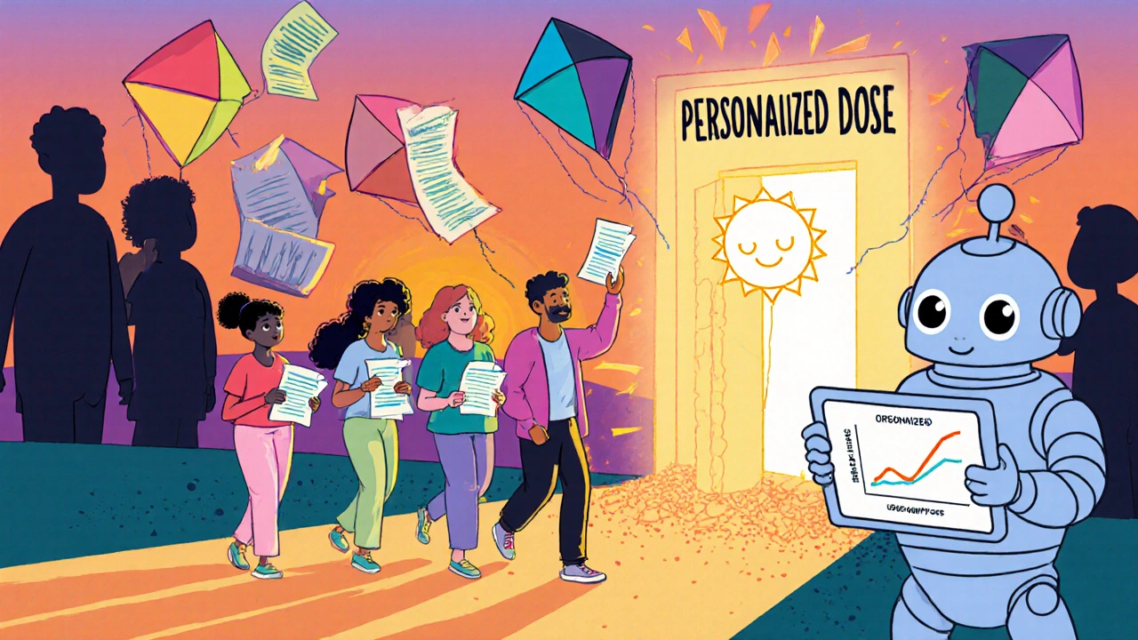 Patients walk toward a personalized dose door as outdated guidelines crumble, guided by a friendly AI robot with a dose graph shaped like a sun.