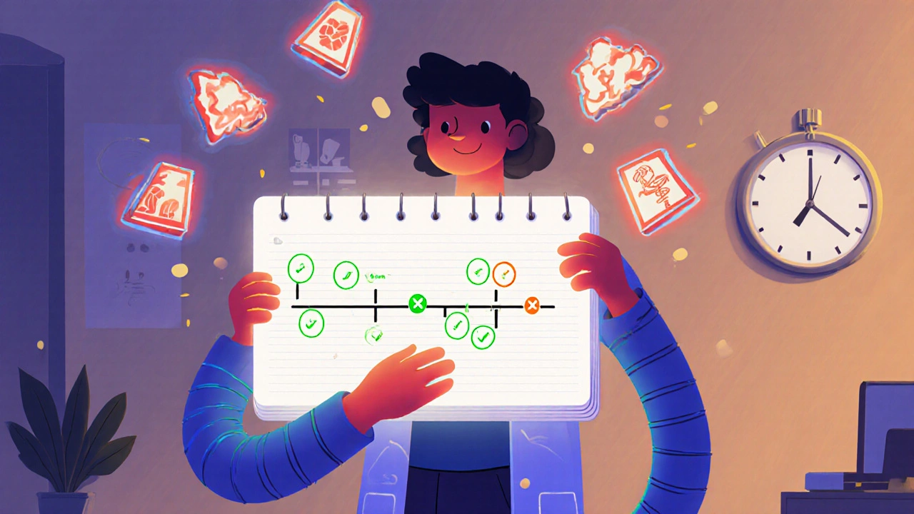 Person presents a glowing digital symptom diary to a doctor, with warning signs being canceled by green checkmarks.