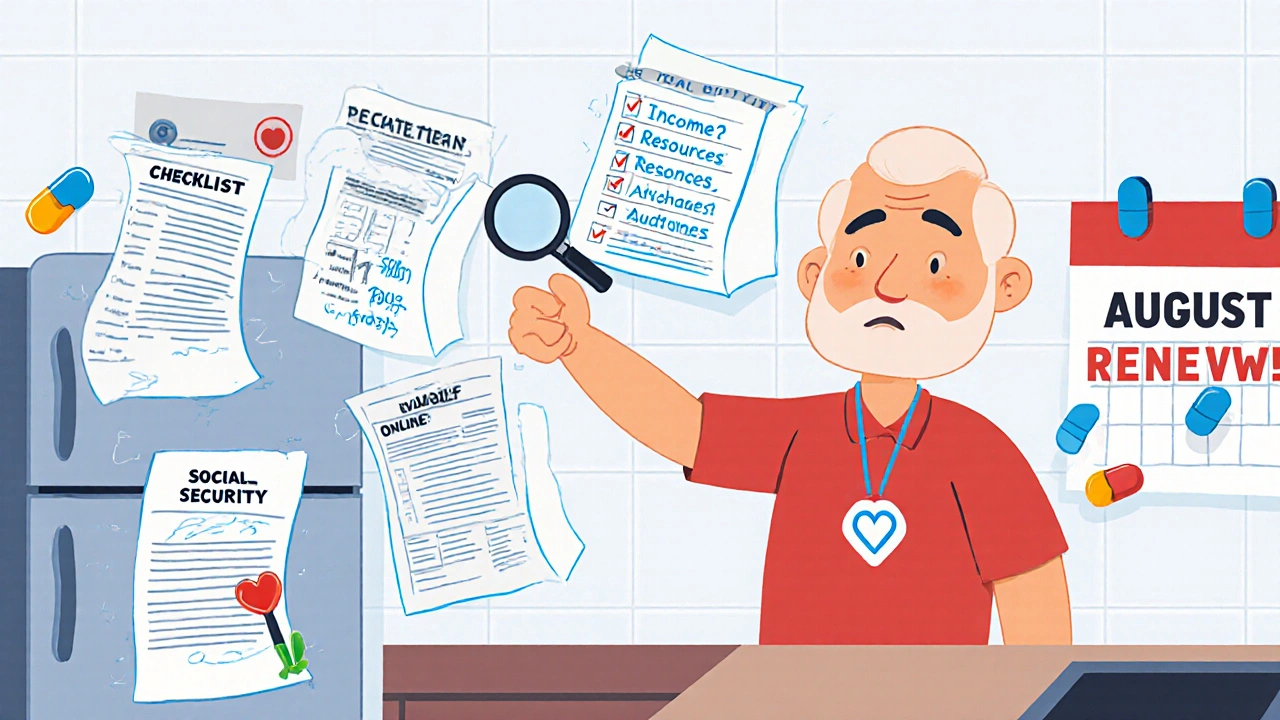 Senior man at kitchen counter with floating documents, guided by a counselor pointing to a renewal checklist.