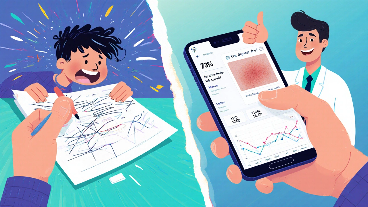 Split scene: messy paper diary vs. clean phone app with charts, showing the difference in tracking symptoms.