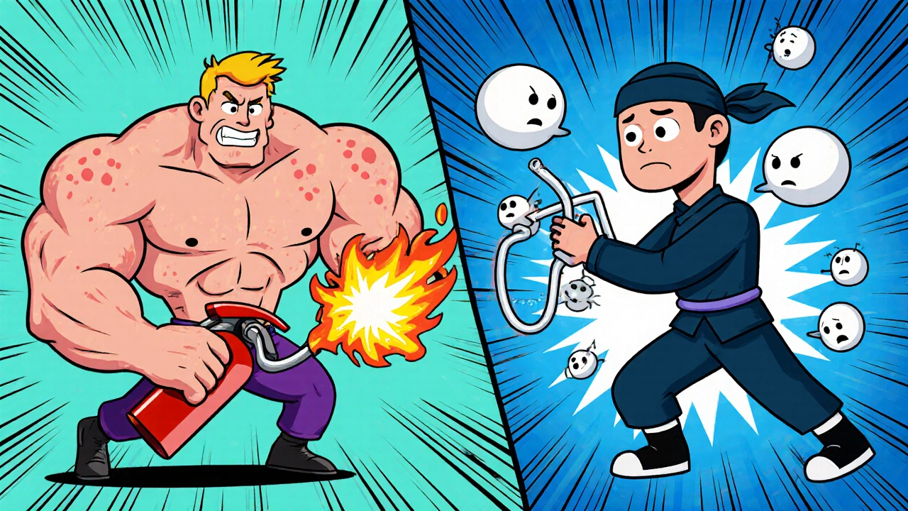 Split-screen battle between benzoyl peroxide and Differin, fighting acne blobs in rubber hose cartoon style.