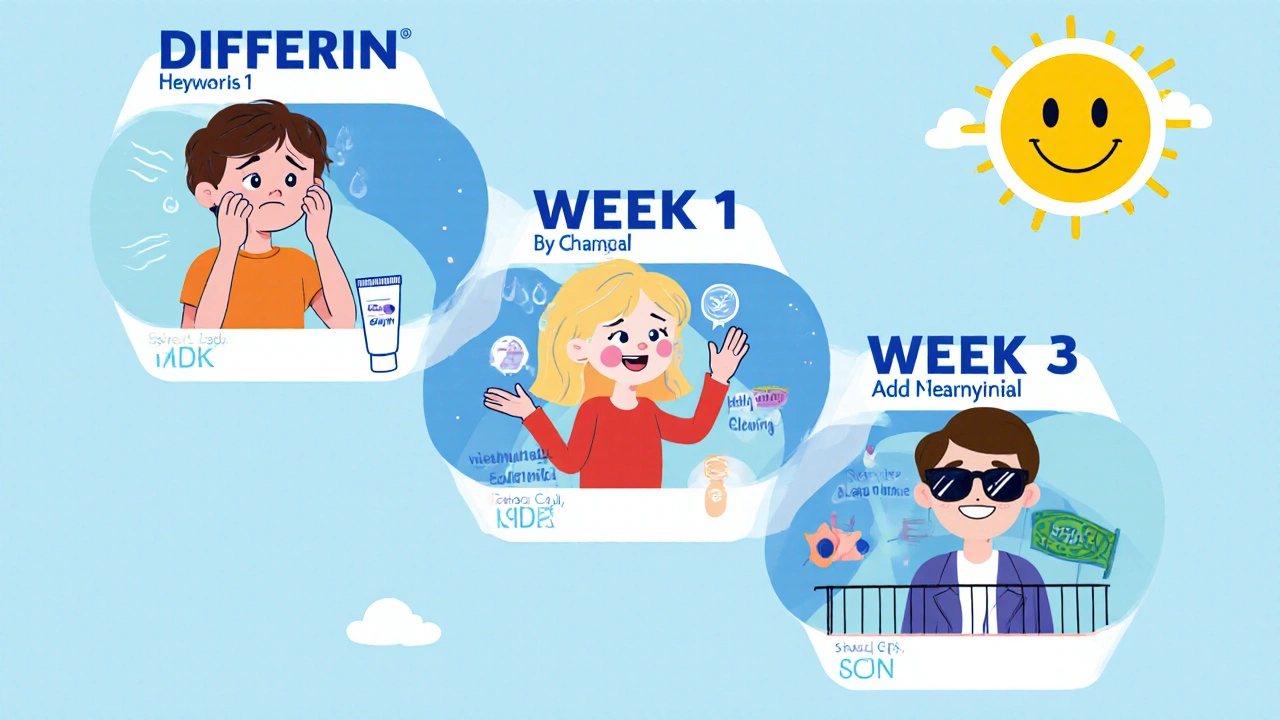 Three-month skin journey slide showing irritation turning to clear skin with supportive characters in rubber hose animation.