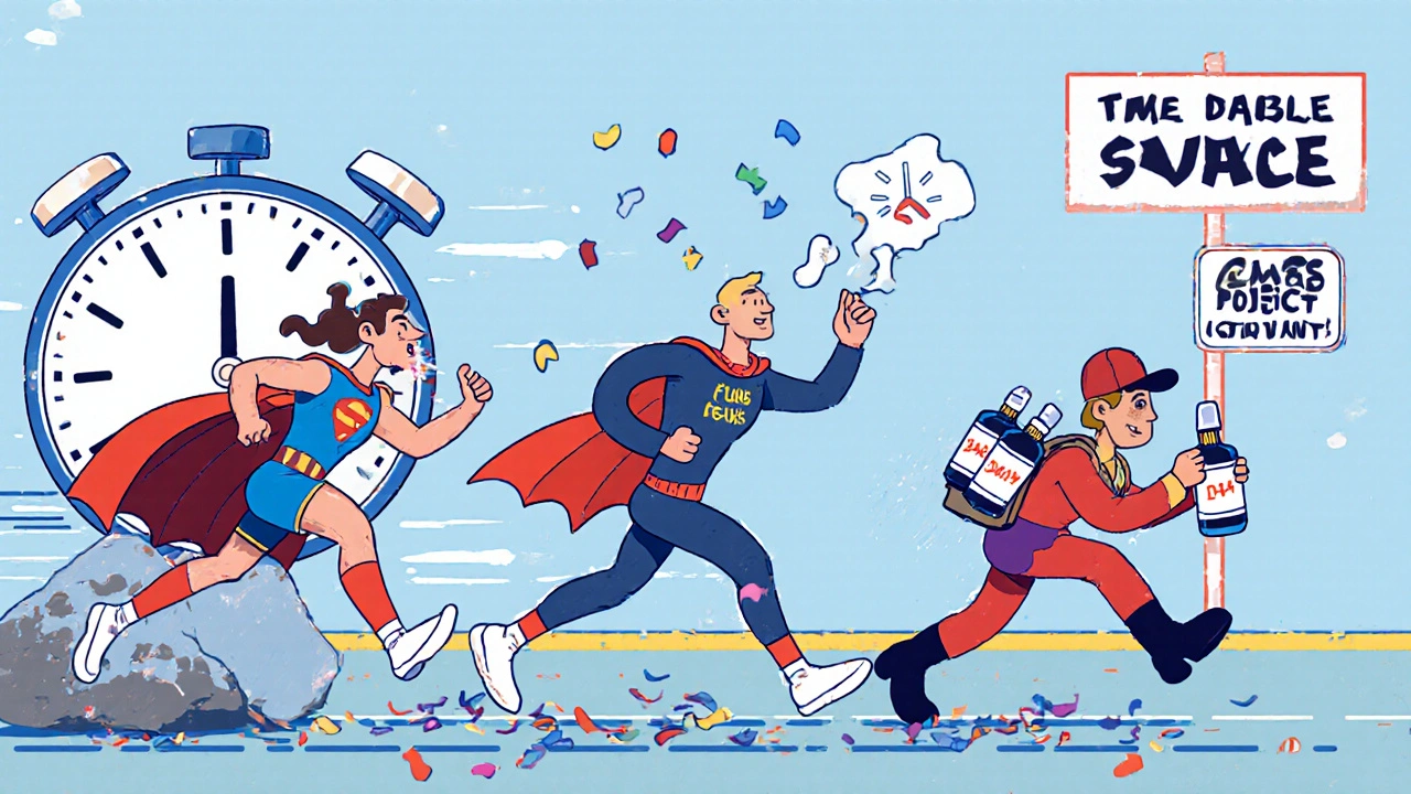 Three nasal spray bottles racing with different speeds and labels