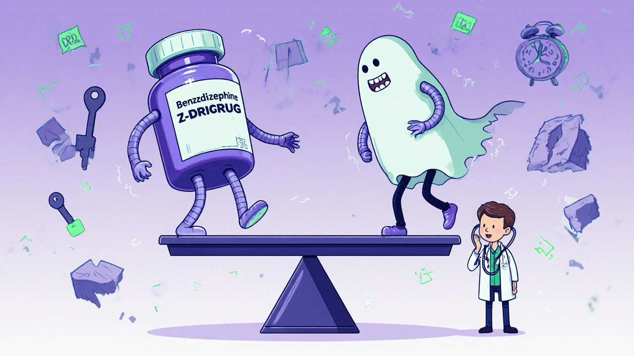 Two cartoon pill bottles on a scale, one foggy and one sleepwalking, with a doctor watching, drawn in rubber hose animation style.