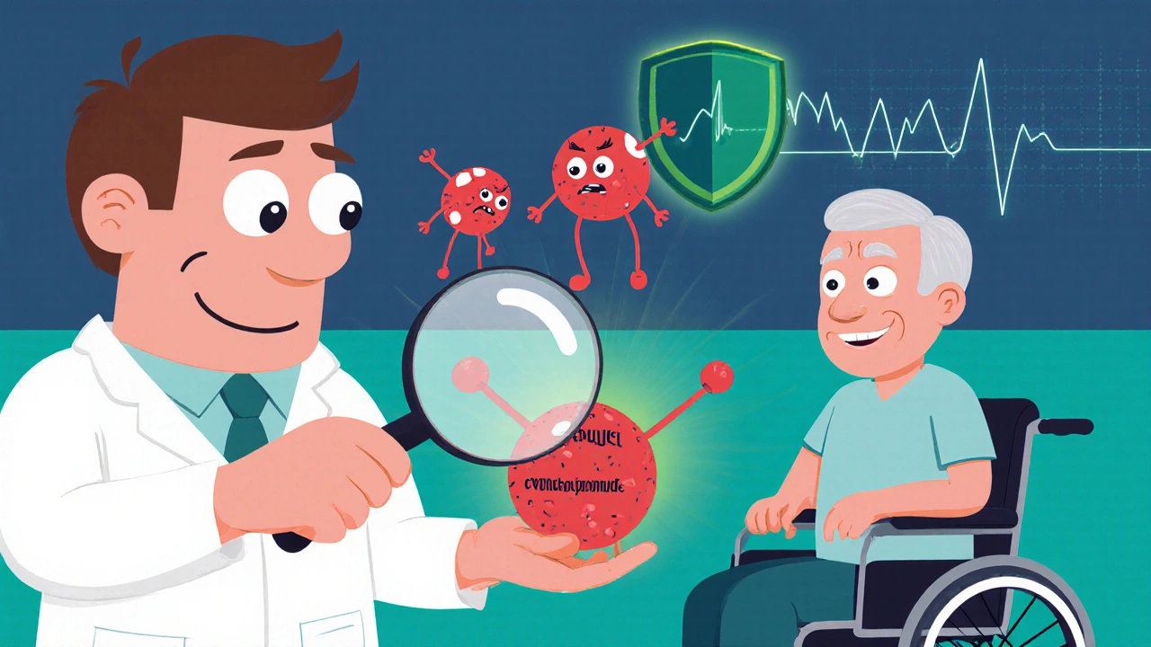 Two drug molecules dancing around a tumor, shrinking it gently as a patient in a wheelchair smiles with a protective glow.