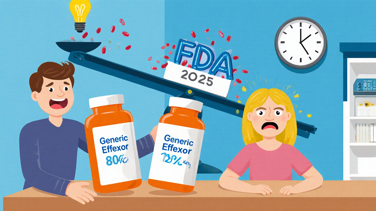 Two identical generic pill bottles with contrasting expressions at a pharmacy counter, one bouncing, one drooping.
