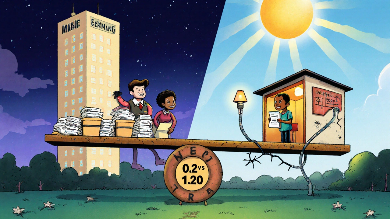 Unequal seesaw showing wealthy clinic vs under-resourced health post with report disparity