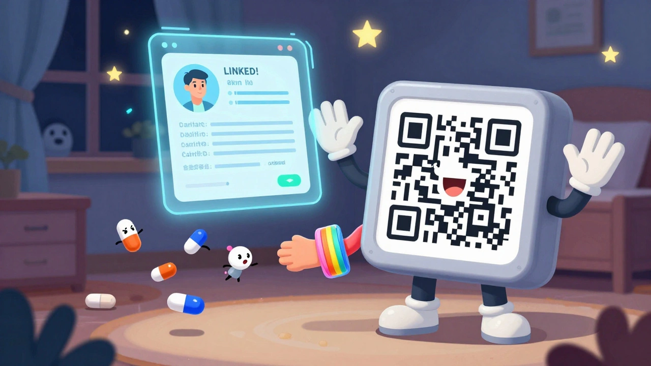 A child wears a colorful silicone medical alert bracelet with a floating digital profile and friendly QR code in a cozy bedroom.