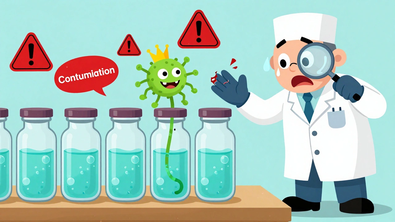 A contaminated vial sprouts a grinning microbe as a technician panics over a torn glove.