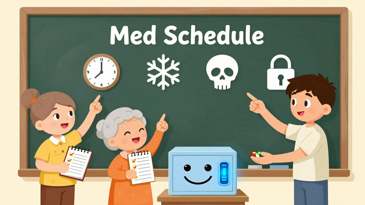 A family gathers around a chalkboard medication schedule with icons for timing, refrigeration, and locked storage.