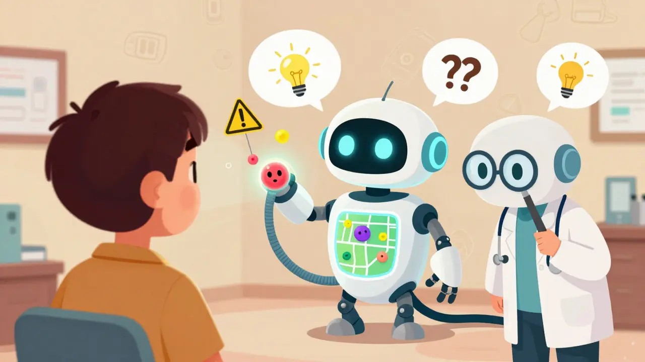 A friendly robot scans a person's back with a glowing map, while a doctor examines suspicious moles in a cartoon clinic.