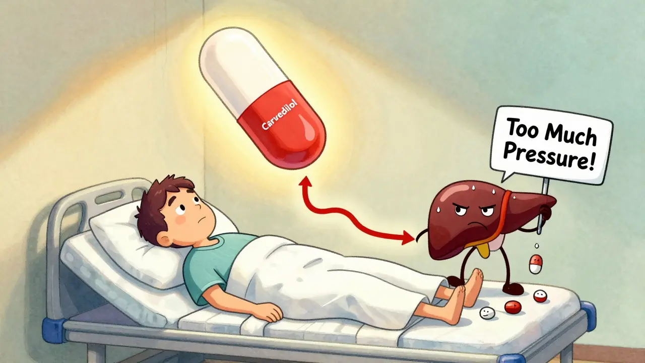 A glowing carvedilol pill reducing pressure in a wiggly portal vein, while propranolol pills fall off a bed.