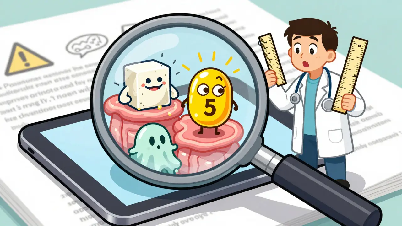 A magnifying glass reveals cartoon excipient characters like a lactose monster and dye jellybean causing chaos inside a pill.