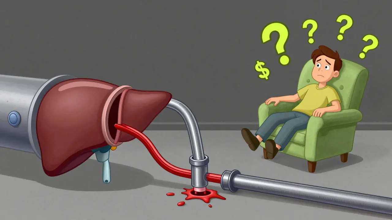 A metallic straw shunt rerouting blood through a cartoon liver, with dollar signs and question marks floating nearby.