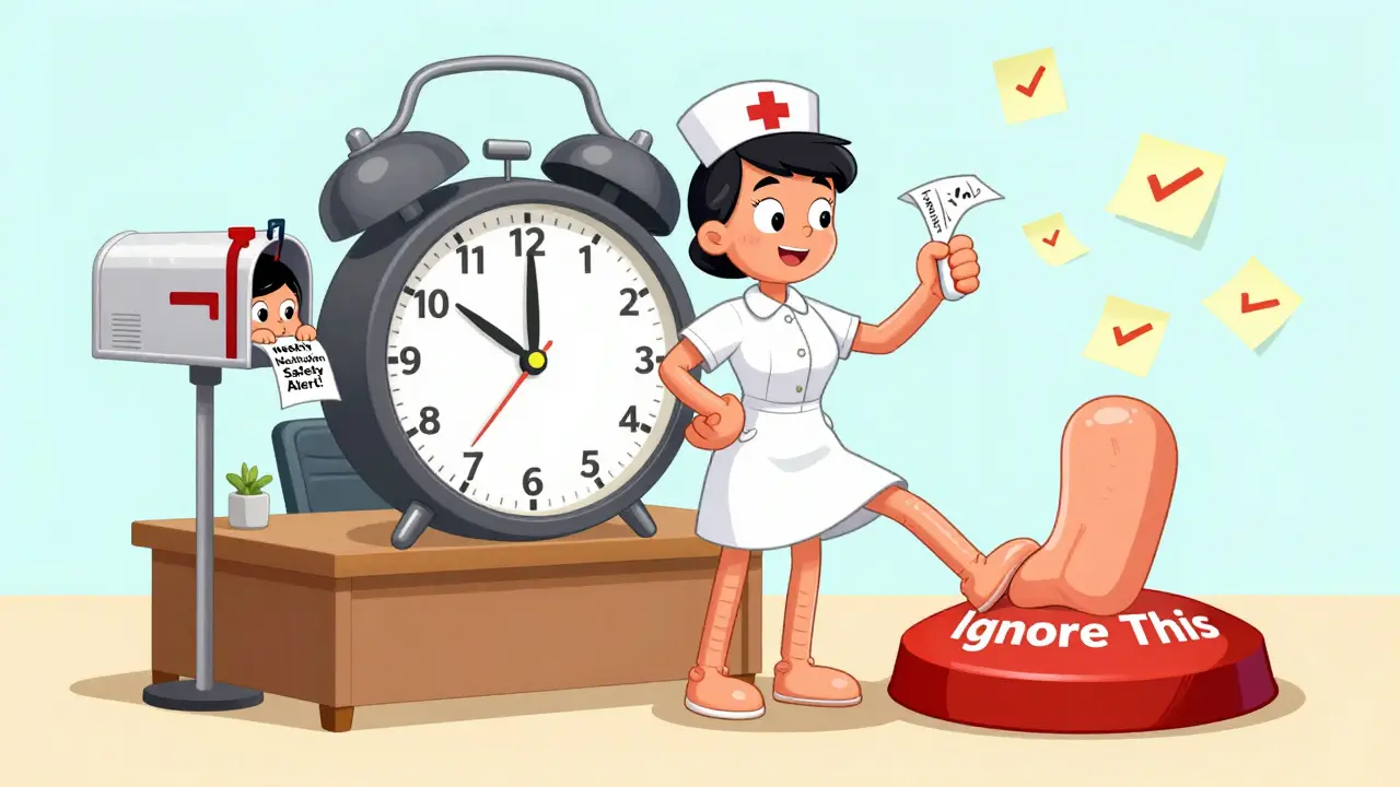 A nurse at a desk with a pill-shaped alarm clock, smiling as a weekly safety alert pops from a mailbox, stepping on an 'Ignore This' button.