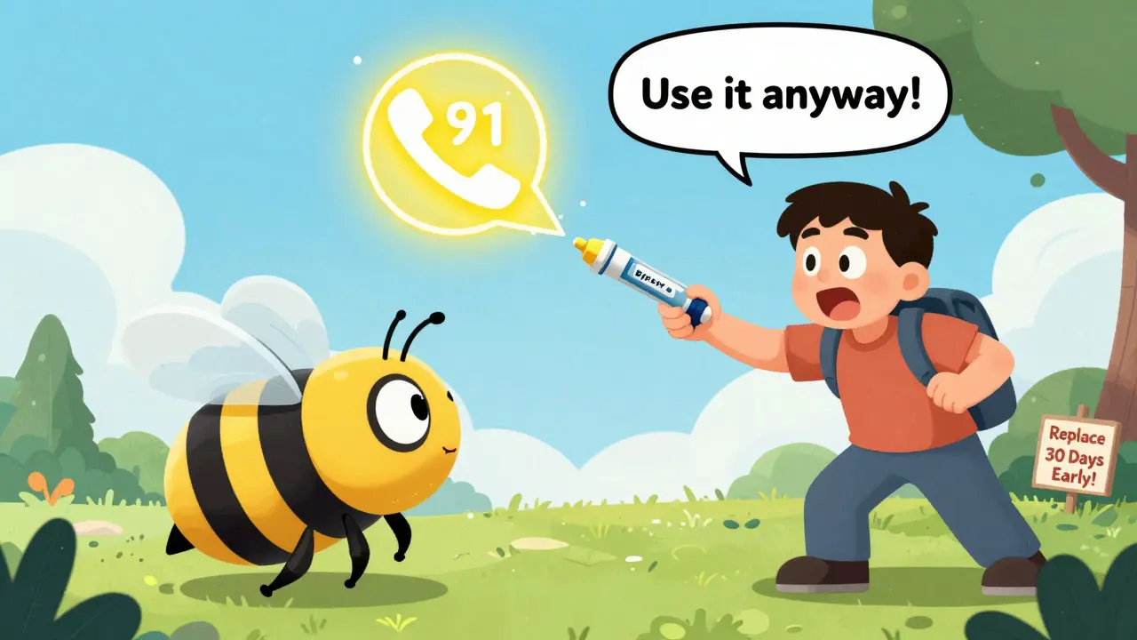 A parent uses an expired EpiPen on a stung child during a hike, with a glowing 911 call rising in the sky.