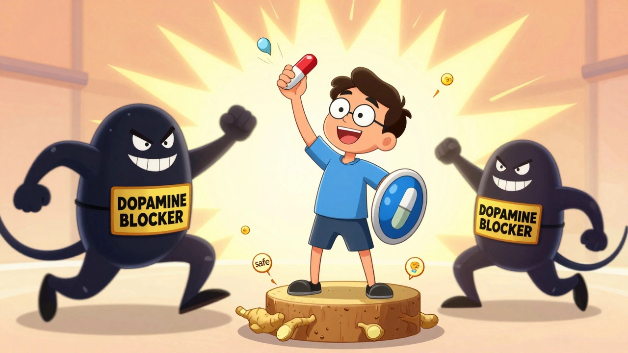 A patient holding domperidone like a shield, defeating dangerous antiemetic villains in a colorful cartoon scene.