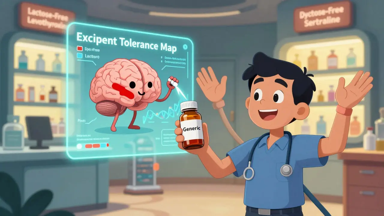 A patient holds a generic pill as an AI brain analyzes their DNA, projecting a personalized tolerance map with safe medication options.