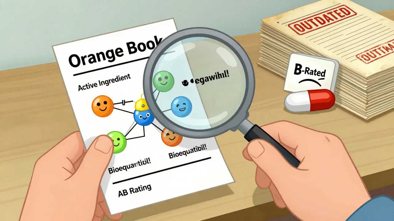 A patient uses a magnifying glass to examine a colorful flowchart inside the FDA Orange Book showing AB, B, and BX drug ratings.