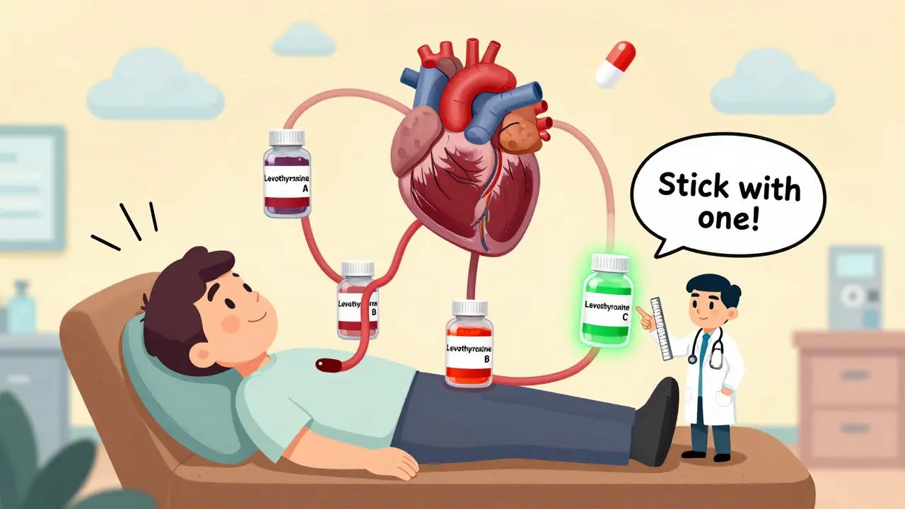 A patient with floating thyroid and heart organs is connected to three pill bottles, one glowing green as a doctor points to it.