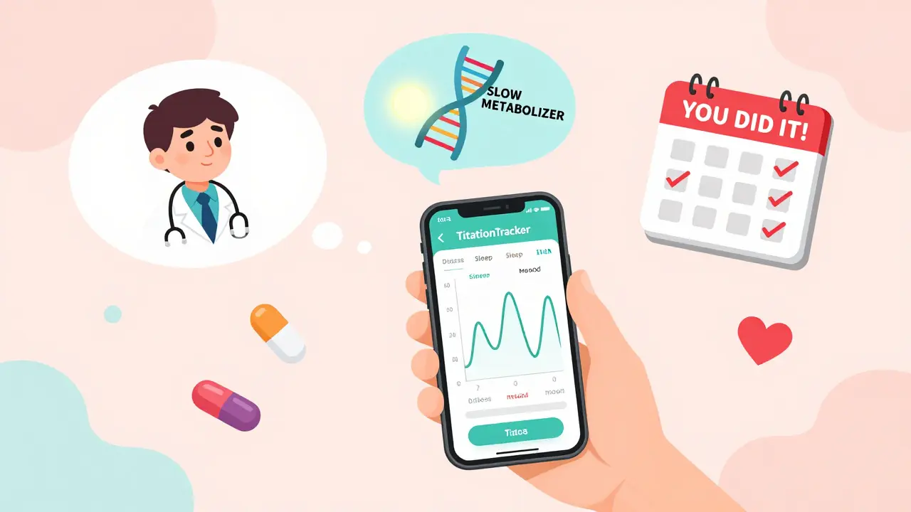 A person using a titration app, with floating thought bubbles showing DNA, a doctor, and a celebration calendar.