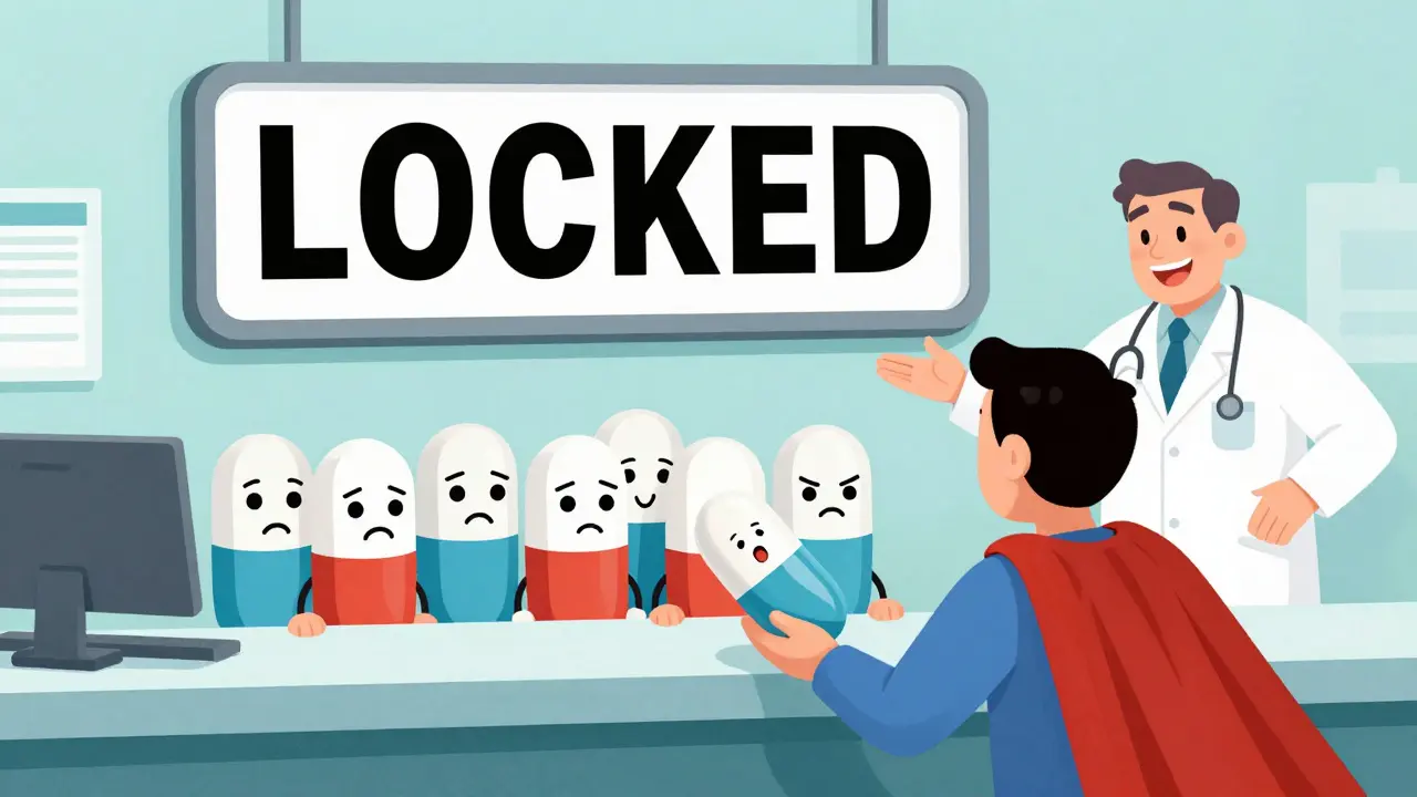 A pharmacy counter with one superhero generic pill being dispensed, while others are blocked by a 'LOCKED' sign.