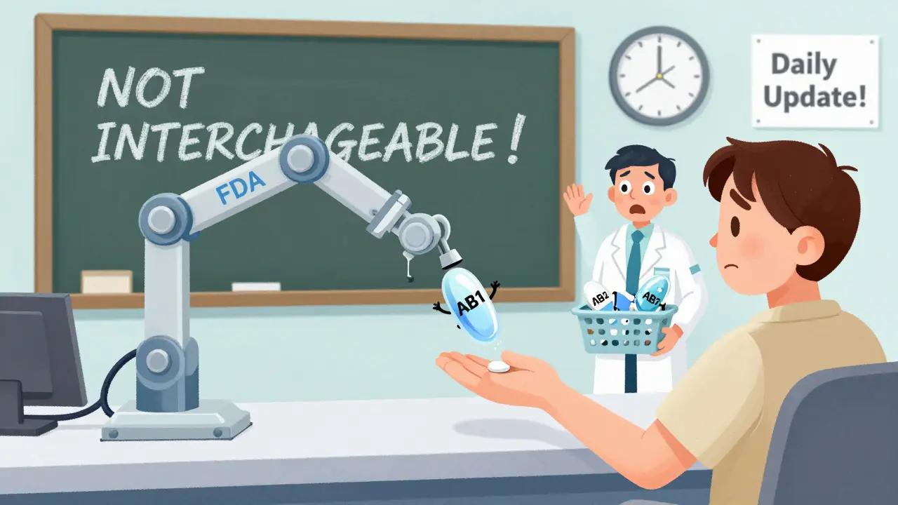A robotic FDA arm hands a patient an AB1 pill while another drops an AB2 pill into a pharmacist's basket, with a 'NOT INTERCHANGEABLE' sign.