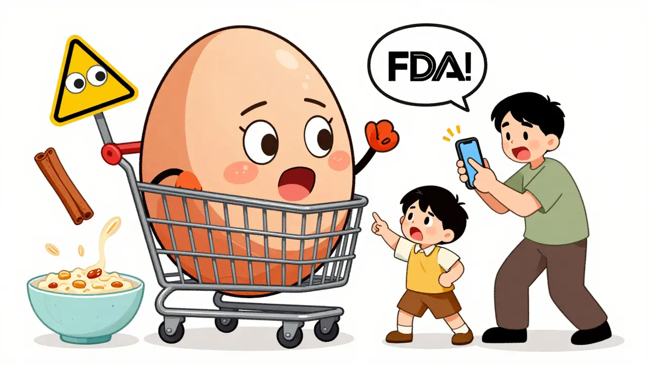A Salmonella-faced egg rolling from a grocery cart, while a parent checks an FDA alert on phone.