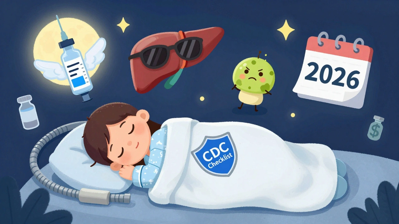 A sleeping patient protected by a CDC checklist shield, with floating medical icons like flu shots and yeast mushrooms in a dreamy night scene.