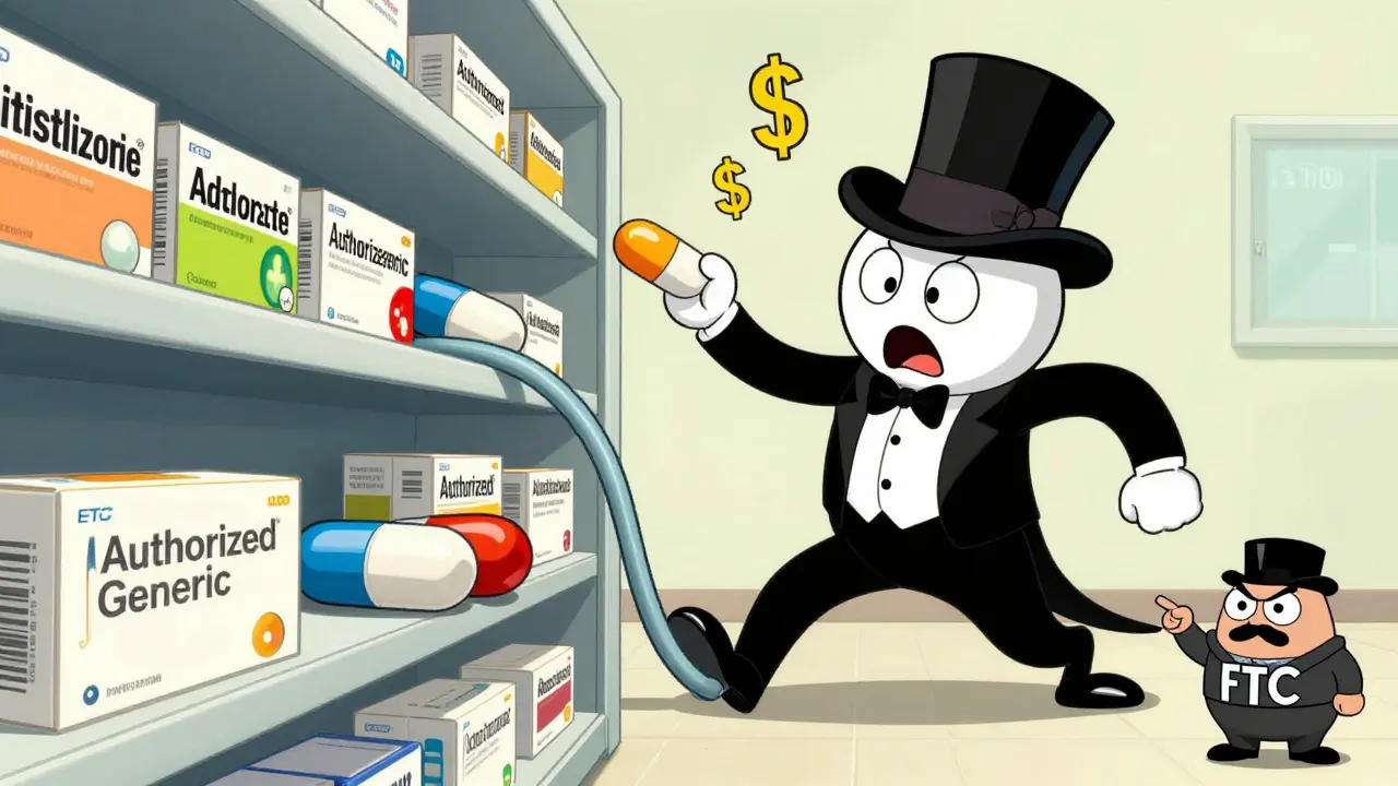 A sneaky brand-name company slipping in a fake generic pill next to the first-mover, with dollar signs and an FTC agent watching.