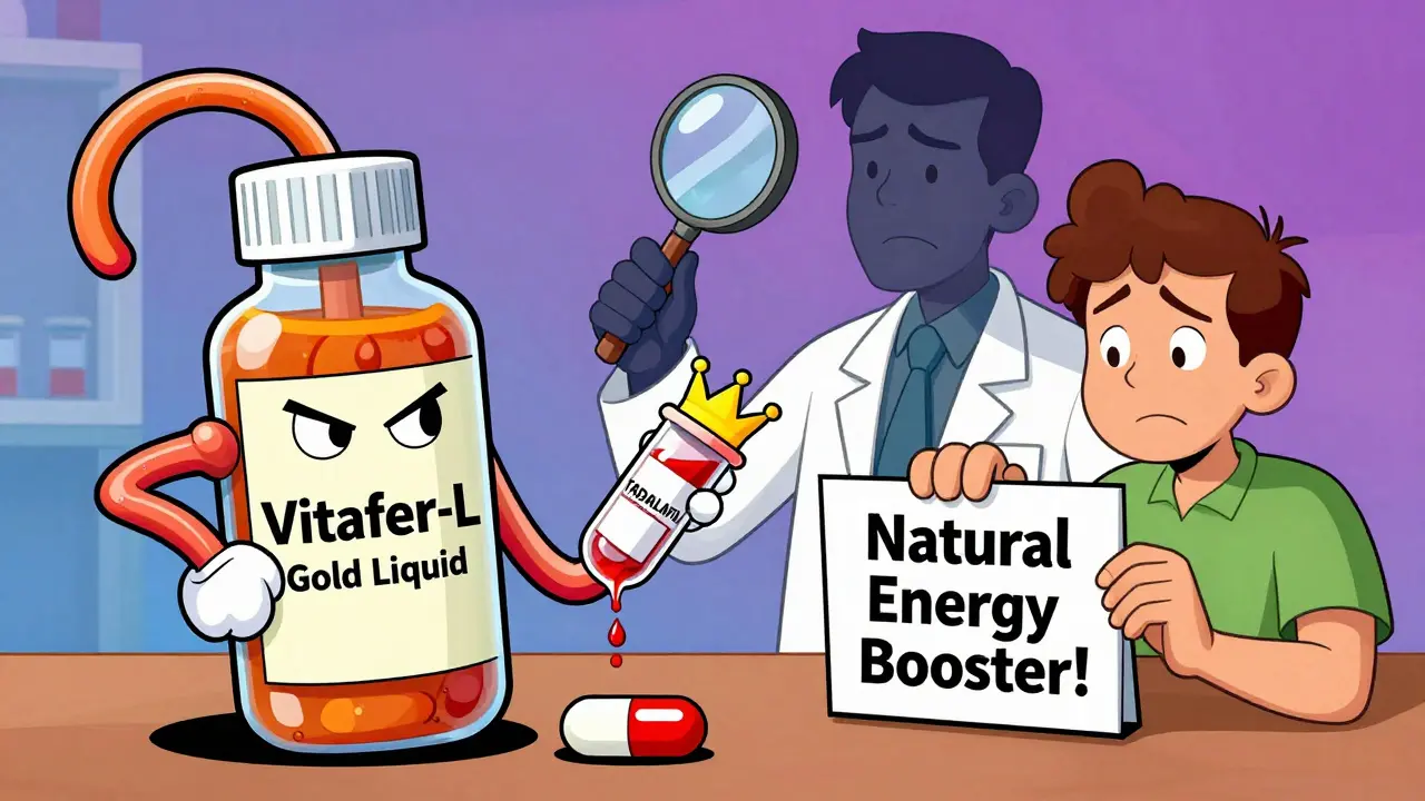 A sneaky supplement bottle turning into a prescription pill, with a test tube spilling tadalafil.