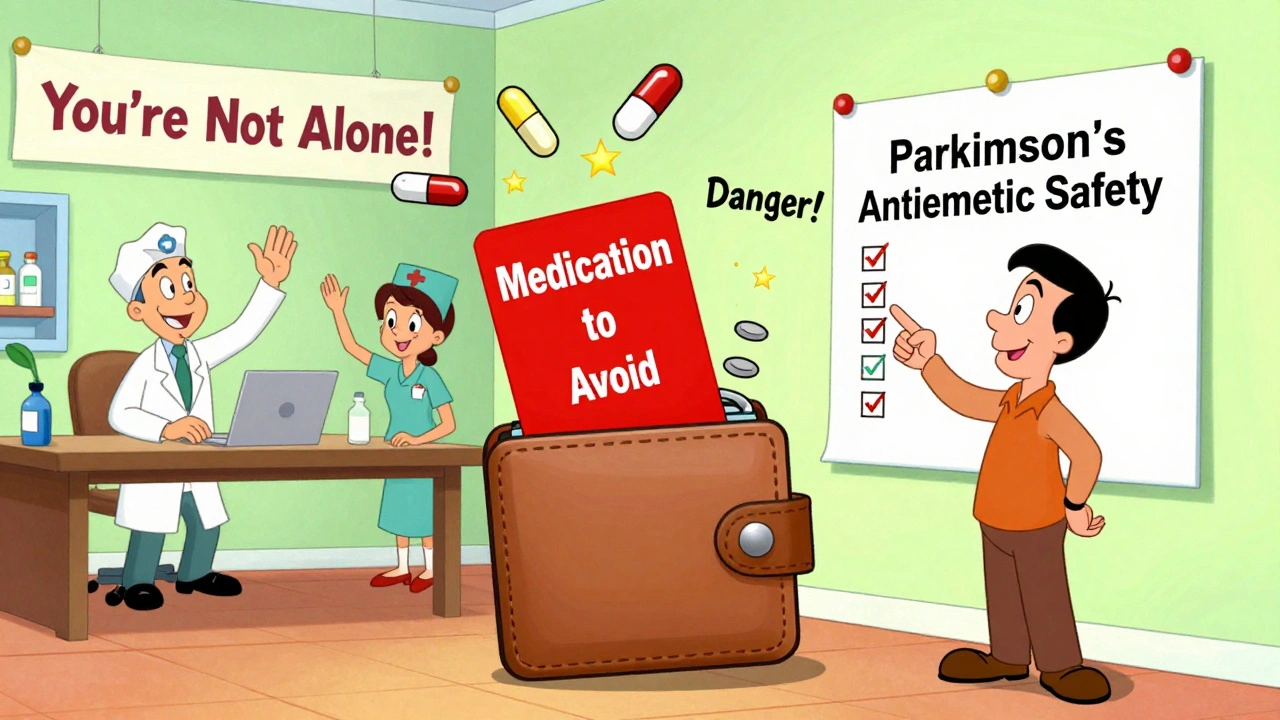 A wallet with a safety card sending shockwaves that banish harmful pills, with medical staff celebrating nearby.