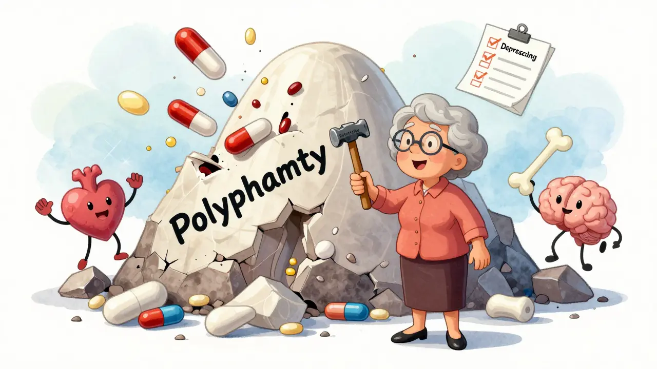 A woman smashing a pile of dangerous pills with a deprescribing hammer in a cartoon scene.