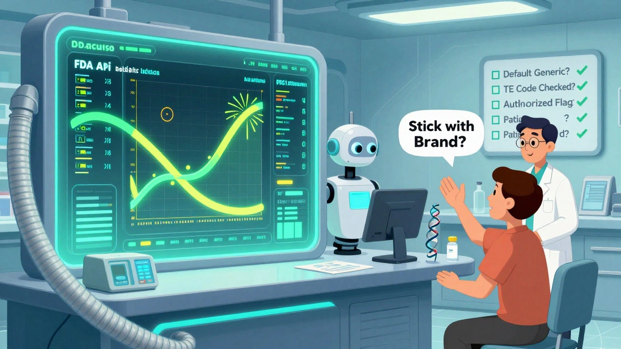 AI robot alerts pharmacist to a drug response spike, while real-time FDA data flows and a genetic helix suggests personalized medication choice.