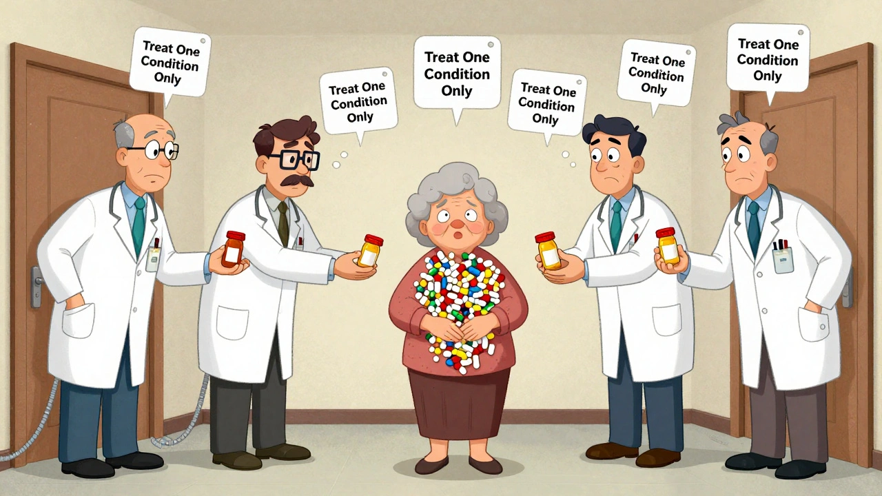 An elderly woman overwhelmed by pills handed to her by doctors with stretchy arms from different specialties.